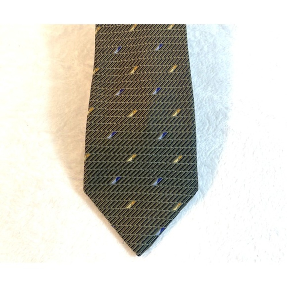 Nautica 100% Silk Tie Olive Green Geometric Blue Yellow Accents 62"‎ L 3.75" W
